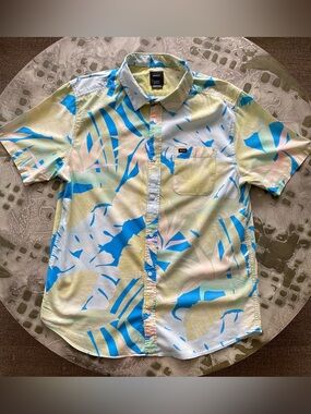 RVCA Short Sleeve Tropical Button-Down Shirt in Blue, Yellow, Pink